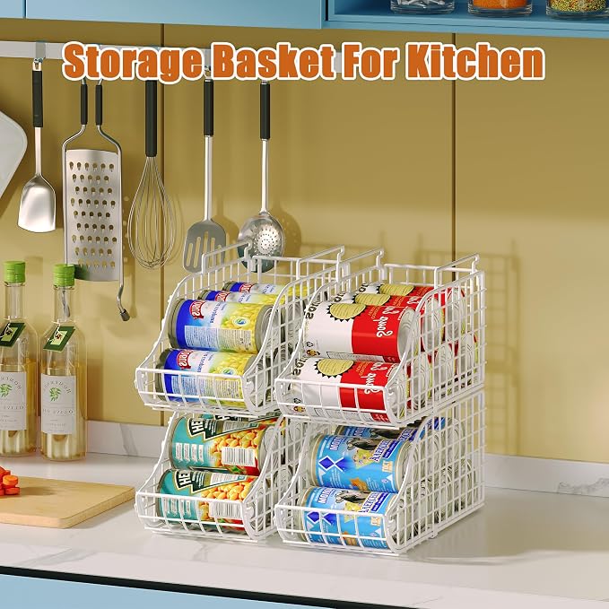 Sonyabecca 4-Pack Stackable Can Rack Organizer for Kitchen Pantry，White | Soda Can Organizer and Food Storage Dispenser for Pantry Cabinets. Foldable Wire Rack Keeps Canned Food Organized