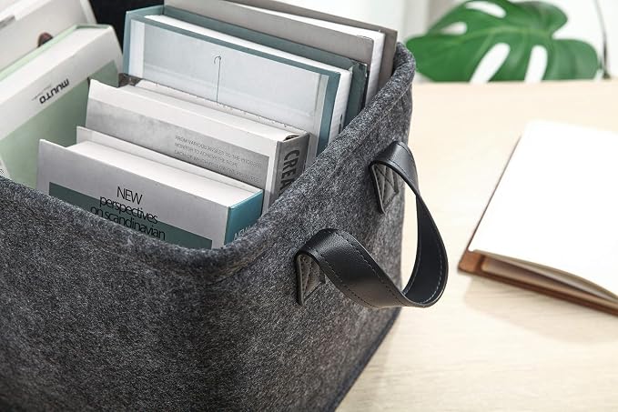 Collapsible Storage Bins Foldable Felt Fabric Storage Basket Organizer Boxes Containers with Handles PU Handles for Nursery Toys,Kids Room,Clothes,Towels,Magazine (PU-Dark grey, 15.9L×11W×9.8H)