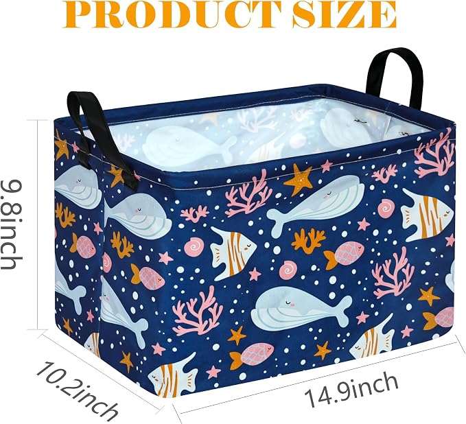 Rectangle Gift Storage Basket Home Shelf Storage Basket Organizer Box Clothes Laundry Hamper Nursery Basket Laundry Basket with Handles (Whale)