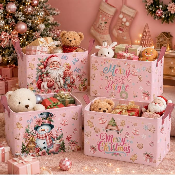 4 Pack Pink Christmas Storage Basket Collapsible Large Merry Christmas Santa Claus Storage Bins for Gifts Canvas Laundry Basket Foldable Box with Handle for Office Home Bedroom Clothes Toys