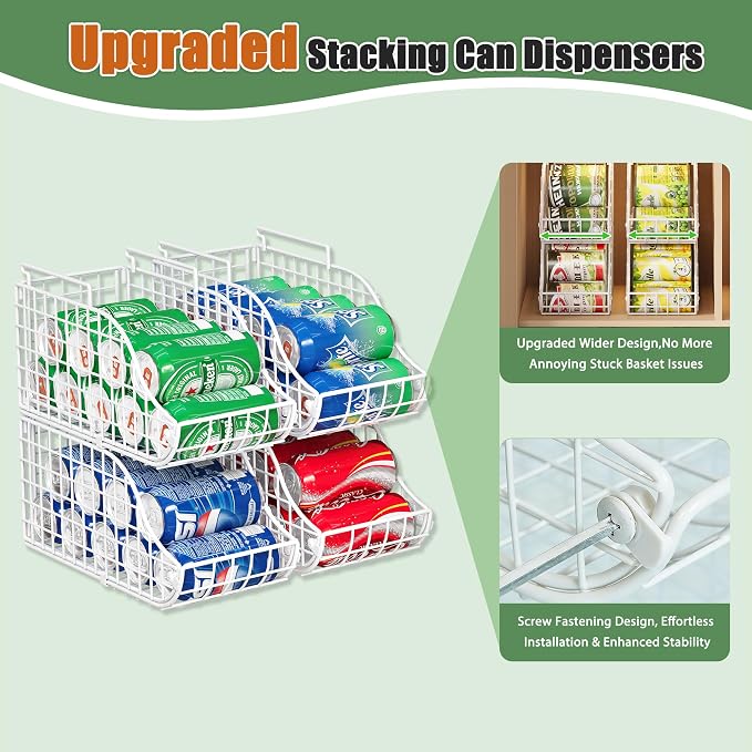 Sonyabecca 4-Pack Stackable Can Rack Organizer for Kitchen Pantry，White | Soda Can Organizer and Food Storage Dispenser for Pantry Cabinets. Foldable Wire Rack Keeps Canned Food Organized