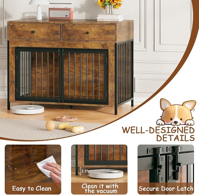 PUKAMI Large Dog Crate Furniture with 2 Drawers, 44 Inch Wooden Dog Kennel Indoor, Crate Furniture as Decorative End Table, Cage Furniture for Small Medium Large Dogs (New Brown, 2-Pack Set)