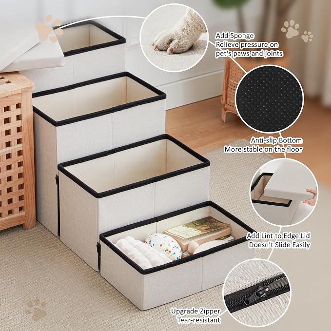 Love's cabin Dog Stairs for High Bed, Foldable Pet Stairs for Small Medium or Large Dogs Puppy with Storage for Bed or Couch, Cat Dog Steps Ramp with Zip up to 200 lbs, Beige, 4 Steps
