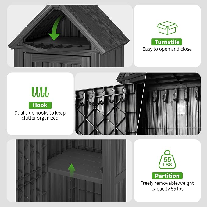 Outdoor Storage Cabinet, Lockable Vertical Resin Storage Shed, Black