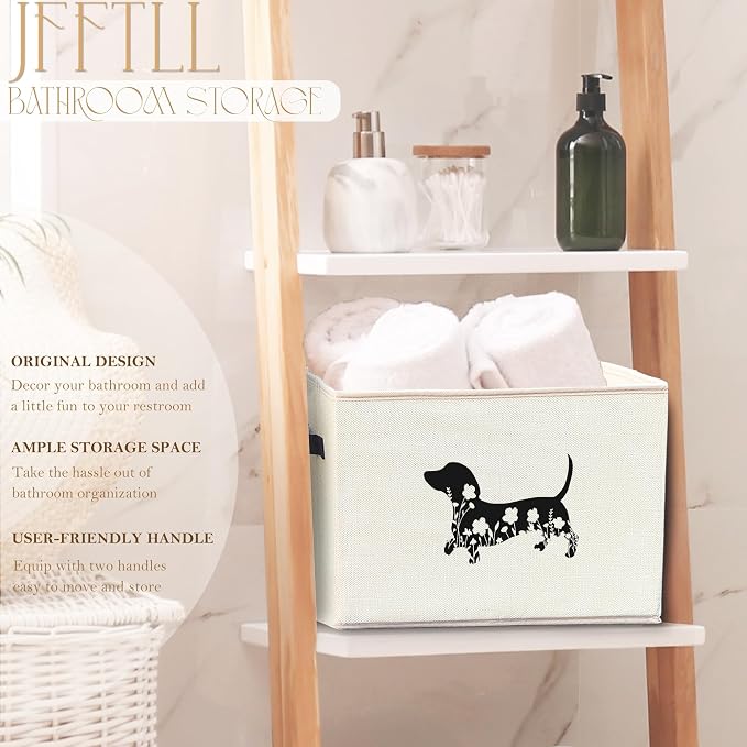 Black Floral Dachshund Dog Toy Basket, Dachshund Home Decor, Weiner Dog Gifts for Women Men Collapsible Pet Dogs Toy Storage Bin Box Basket Organizer, Pet Supplies for Dogs