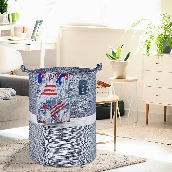 COMSE Tall Woven Blanket & Laundry Basket, 72L, Blend Navy Blue & White | 15.7”x 21.7”, Cotton Rope, Large Nursery Hamper for Storage of Toys Clothes Towels, Great for Living Rooms Bedrooms Bathrooms