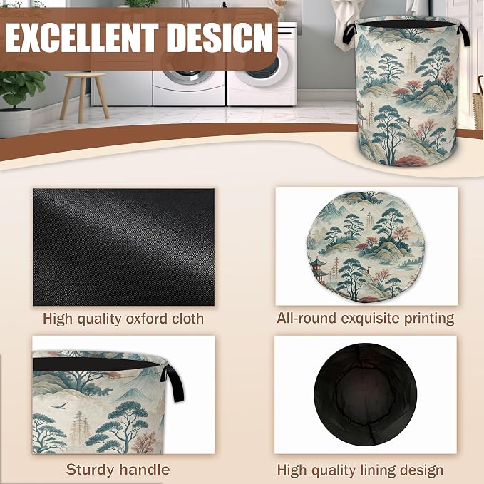 Oriental Mountain Landscape Laundry Basket,Laundry Hamper Waterproof Oxford Cloth Tote Bag,Clothes Storage Bucket Decorative Toy Organizer for Bathroom Bedroom 16" x 20.8"