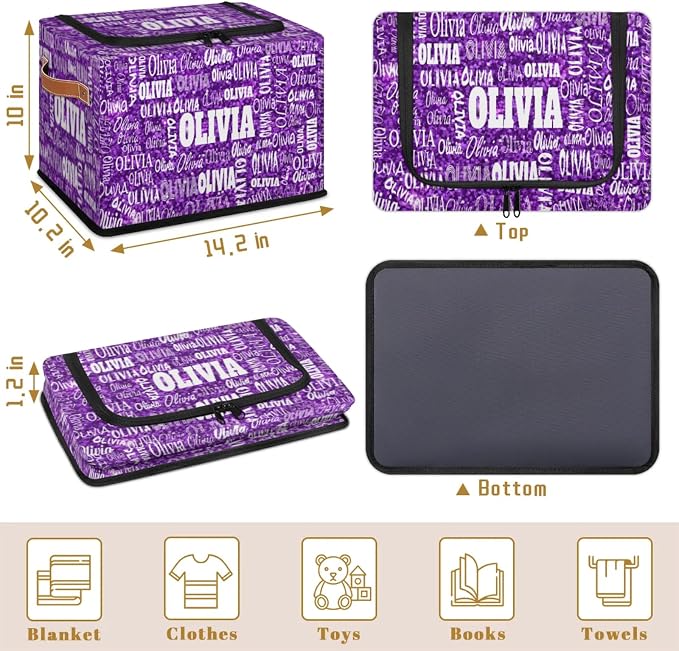 Custom Name Storage Bin with Lid Zipper, Personalized Rectangular Storage Basket with Handles for Organizing Girls Toys Office Closet Shelf Baskets, Bright Color Purple Sequins Pattern Print