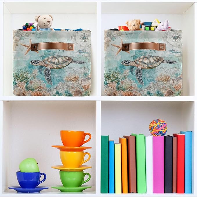 Sea Turtle Storage Basket Fabric Storage Bin Nautical theme Baskets Coastal Starfish Foldable Storage Boxes Organizer Bag for Baby Cloth Dog Toy Book Storage Cubes Shelf Closet Basket 16×12×8 Inches