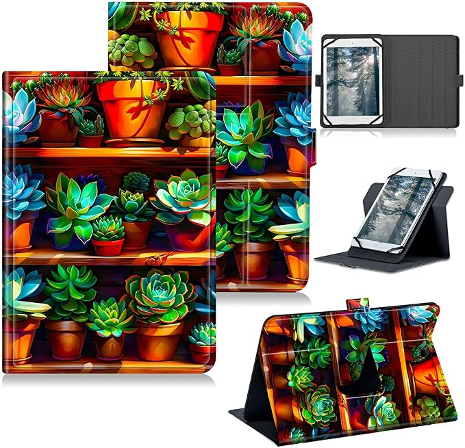 Universal Tablet Case for T-Mobile Revvl Tab 2 10.1" 2025/Revvl Tab 5G 10.36" 2023, 360 Degree Rotating Kickstand Protective Stand PU Leather Shell Cover for 9"-10.5", Plant Succulent
