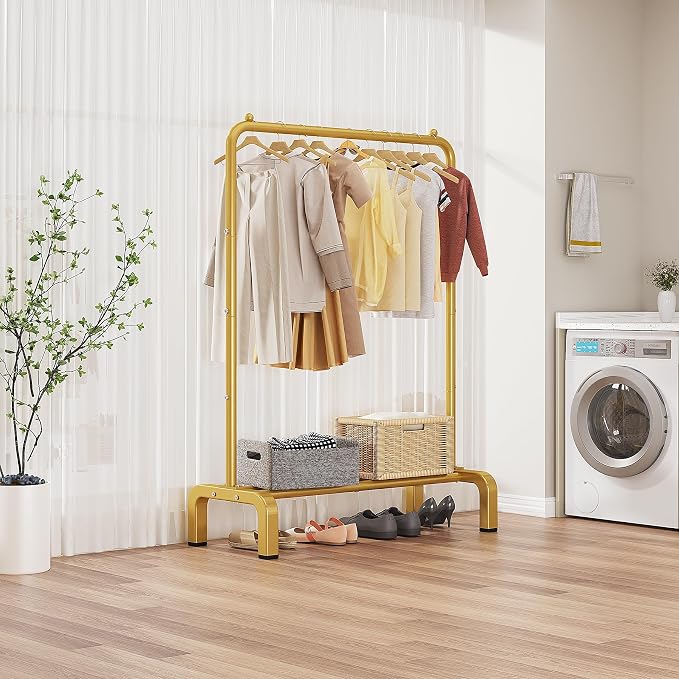 Garment Rack Clothing Clothes Rack for Clothes Organizing Gold | Standard Metal 34 Inches Garment Rack with Bottom Shelf for Hanging Clothes Coats Jackets Shirts Sweaters Jeans Gold
