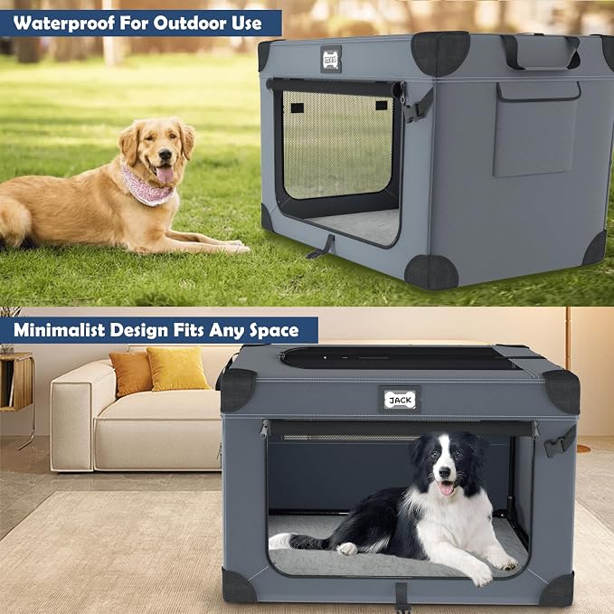 36 Inch Collapsible Soft Dog Crates with 3-Door & Mesh Windows for Travel | Sturdy Metal Frame，Indoor & Outdoor，Soft Blanket and Foldable Bowl,Storage Bag,Signature Card,Waterproof,Portable for Camping