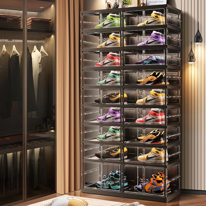 CIMLORD 9-Tier Foldable Shoe Rack, Magnetic Clear Doors, 36 Pairs, Black | Collapsible Large Plastic Shoe Cabinet, Stackable, Lidded, Tool-Free Assembly, Fits Boots & Sneakers, Closet & Entryway