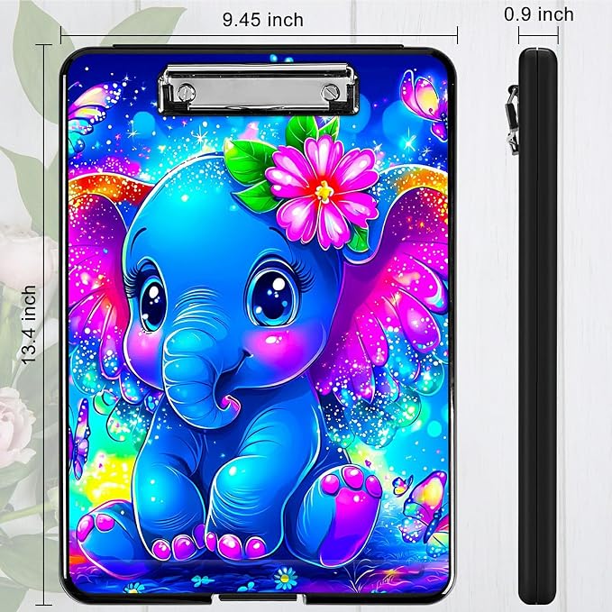 Blue Elephant Flowers A4 Clipboard with Storage Pen Holder, Clipboards Organizer Nursing Clipboard Foldable File Folder Plastic Clipboard Folio Clip Board for Office Students Classroom