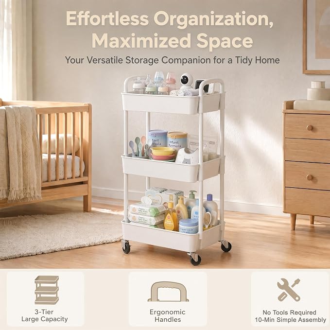 Laiensia 3-Tier Rolling Cart with Wheels,Multifunction Utility Storage Carts, Kitchen Storage Organizer,Mobile Shelving Unit for Bathroom,Laundry,with Classified Stickers,White (Pack of 2)