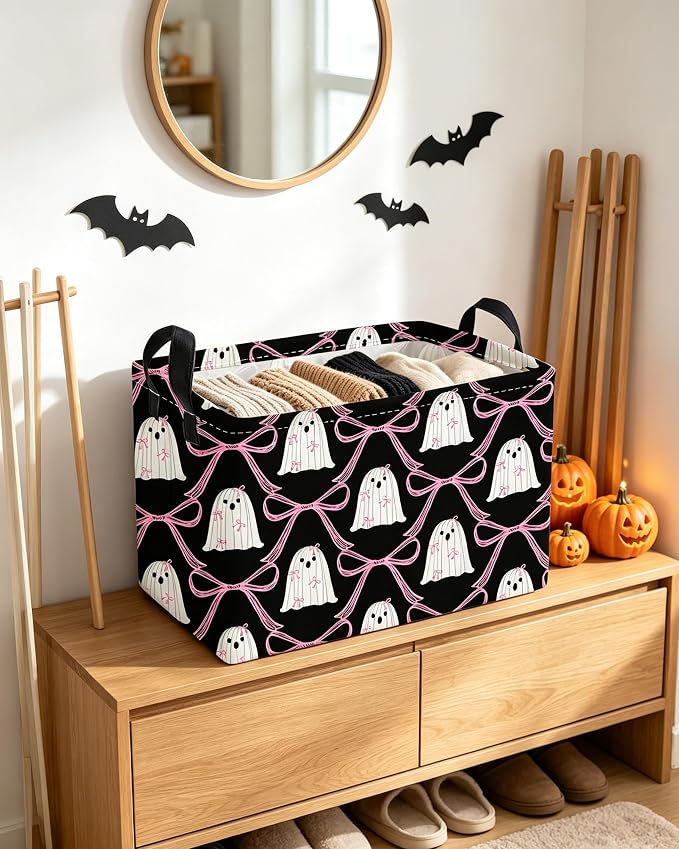 Essme Rectangular Halloween Basket,Ghost Storage Bins Organizer with Handles for Room Decor, Gift Basket,Shelf Basket.(Bow Ghost)