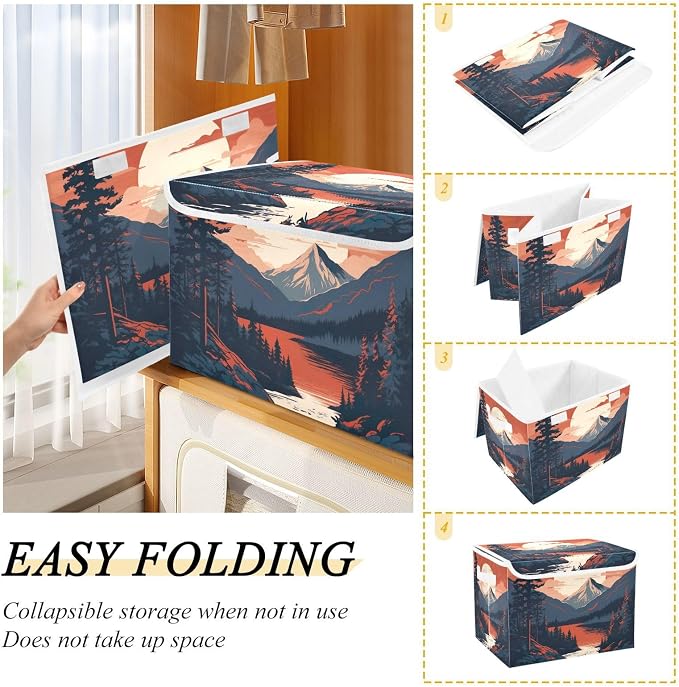 Mountains Trees Storage Bins with Lids and Carrying Handle,Foldable Storage Boxes Organizer Containers Baskets Cube with Cover for Home Bedroom Closet Office