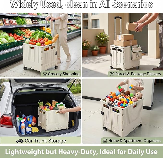 Foldable Rolling Storage Crate with Lid, Telescopic Handle & 4 Wheels, Portable Camping Shopping Box