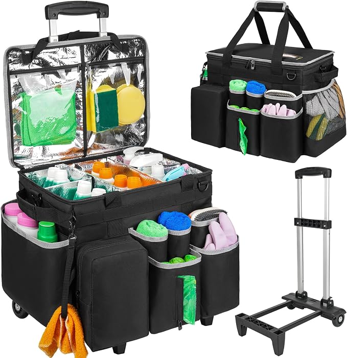 Cleaning Cadddy Bag with Rolling Cart, Lareg Cleaning Bag with Wheels | Cleaning Supplies Organizer with Detachable Trolley for Housekeepers, Housekeeping Cleaning Cart with Shoulder Strap & Handle