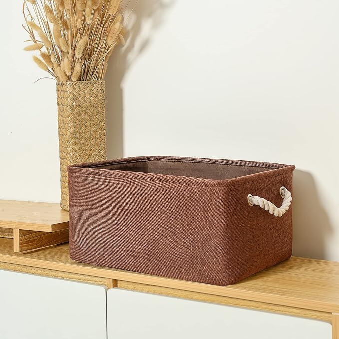 Decorative Basket Rectangular Fabric Storage Bin Organizer Basket with Handles for Clothes Storage (Brown, Large-1Pack,15L*10.5W*8H)