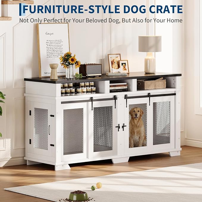 Garvee 71'' Dog Crate Furniture for 2 Dogs, Extra Large Double Dog Kennel | with Removable Divider and Storage Drawers, Wooden Dog Crate TV Stand for Large Medium Dogs