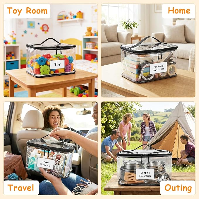 HOUYEE 6 Pack Extra Large Clear Toy Storage Bags With Zipper (Black) | Toy Organizer Bags with Name Tags and Mesh Pocket,Reusable PVC Waterproof Storage Bags for Toys, Board Games, Building Blocks