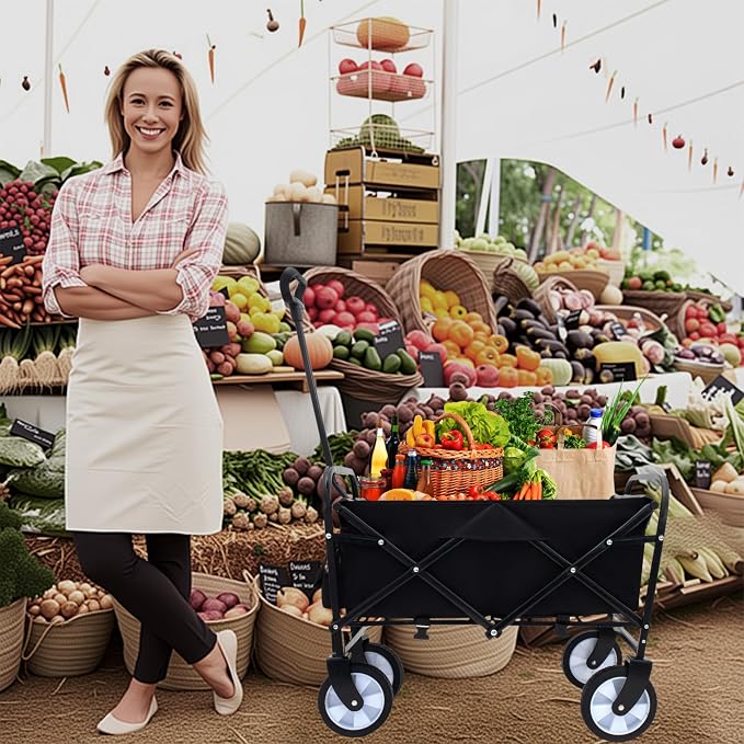 Collapsible Folding Outdoor Utility Wagon, Strap Collapsible Foldable Wagon Cart with Strapping System, Supports 225lbs (Black)
