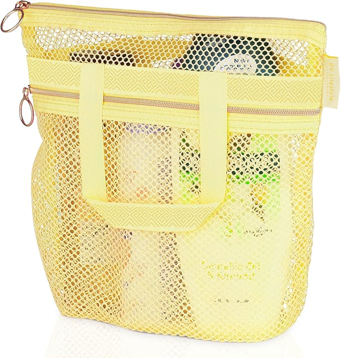 Mesh Shower Bag 10.2x9.9'' Quick-Dry Caddy with Zipper & 2 Pockets. Portable Toiletry Tote for Bathroom, Gym, Travel, Camp, Beach, for Sunscreen, Dorm & College Essentials (Yellow)