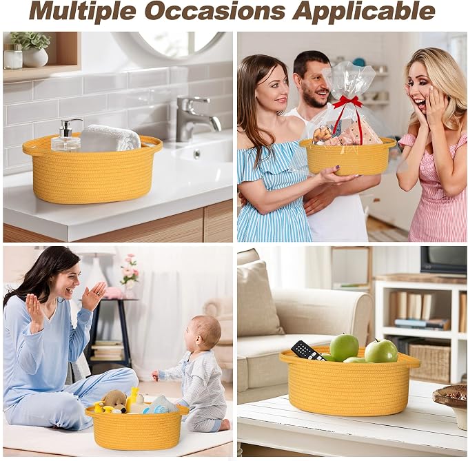 WILLITAT Yellow Basket for Gifts Empty, 13"x 9"x 5" Small Woven Gift Basket with Bag and Ribbon, Cotton Rope Dog Cat Toy Bin Box, Cute Baby Nursery Organizer, Decorative Storage with Handles, Yellow