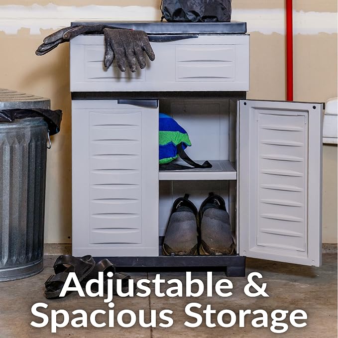 Sunnydaze 34.5" Garage Storage Cabinet with Adjustable Shelf, Gray | Heavy Duty Resin Storage Cabinet Resists Rust & Peeling, Utility Cabinet with Drawer & Anti-Tip Kit for Laundry, Office
