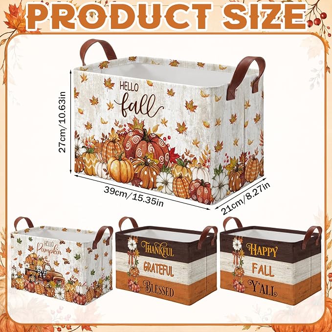 4 Pcs Fall Storage Basket for Gifts Empty Large Pumpkin Storage Bins with Handles 15 x 10 x 8 Fabric Laundry Baskets Autumn Harvest Collapsible Organizer Boxes for Thanksgiving Home Cloth Toys