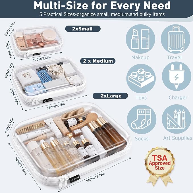 Clear Hard Shell Zipper Case Makeup Storage Organizer Pouches TSA Approved | Travel organizer bags for toiletries, cosmetics, electronics & diaper bins. Multi-size for office, camping, beach & home