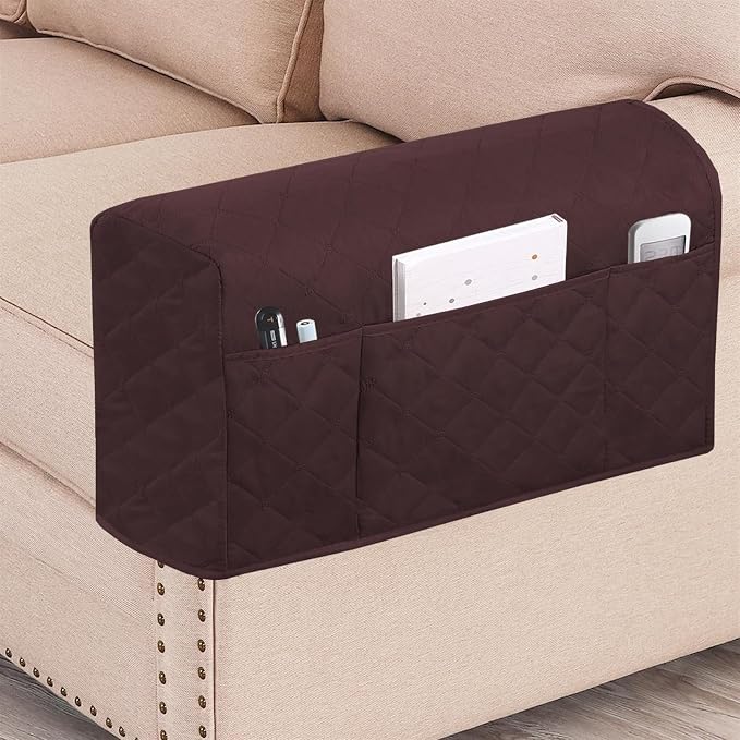 2 Pcs Waterproof Couch Arm Covers Dirty-Resistant Anti-Scratch Arm Rest Covers for Sofa with Side Pocket Anti-Slip Arm Chair Covers, Armrest Organizer(Brown)
