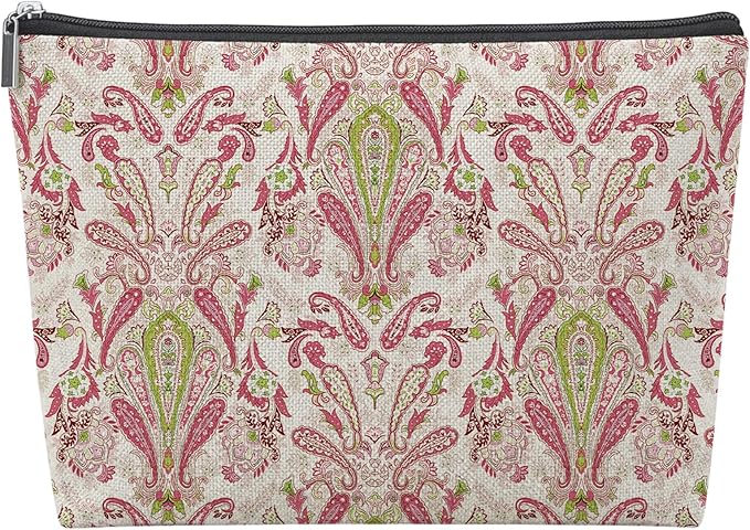 Boho Pink Paisley Empty Mahjong Tile Bag 13x7.8 Inch | Pink Green Floral Portable Travel Case Organizer Zipper Pouch for American Mahjong Tiles Game Night Accessories and Gifts