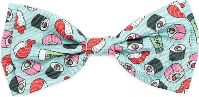 THE WORTHY DOG Food & Sport Print Pet Bow Ties for Dogs & Cats, Sushi | Stylish, Soft Printed Polyester Pet Bow Tie, Attach to Any Collar Easily with Touch Fastener, Sushi, Mint Green, Large