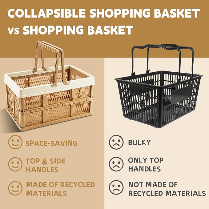 VALESKA 33L Collapsible Crate for storage, Plastic Milk Crate,17inch Collapsible Crates for Storage, Foldable Shopping Basket with Handles,Car Trunk Basket,for Kitchen(Brown)