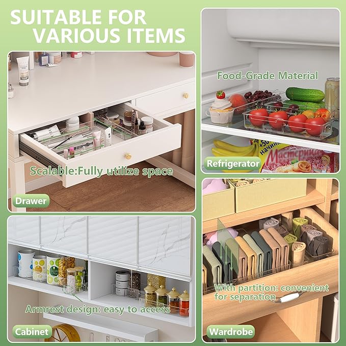 BLULEE 4-in-1 Expandable Drawer Organizer Set, Adjustable Clear Bins | with Dividers for Kitchen, Bathroom, Vanity & Office, Scalable Trays for Cosmetics, Utensils & Desk Accessories (8 Pcs)