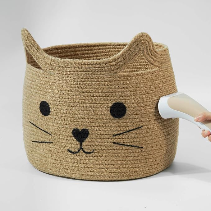 Large Woven Rope Cat Toy Basket with Cat Face Design, Jute | 15.7" x 11.8" Toy Bin & Box for Living Room Nursery, Baby Storage Basket for Towels, Blankets, with Sturdy Handles