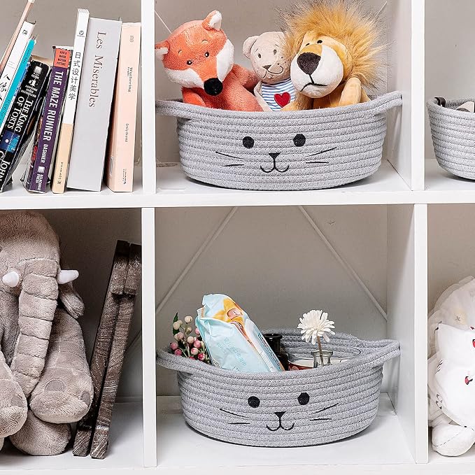Small Woven Rope Cat Toy Basket with Cat Face Design, Grey | 9.8" x 4" Cute Toy Storage Bin for Living Room & Nursery, Pet Gift Basket Empty with Sturdy Handles