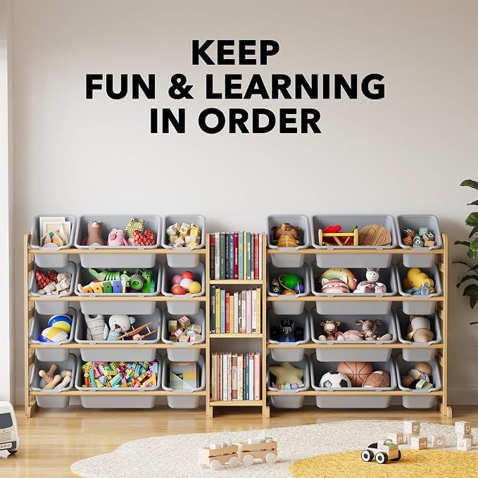 SpaceAid Large Toy Storage Organizer with 24 Bins and 3 Shelves, Toy Organizers Storage Bookshelf, Kids Bin Shelf Box Bookcase for Bedroom Playroom Organization Room Decor, Neutral Gray