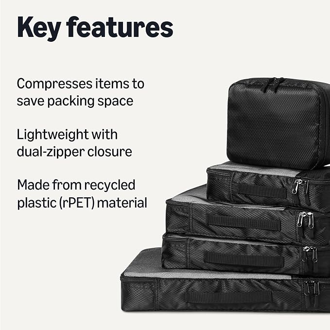Amazon Essentials 8-Piece Packing Cubes Travel Accessories Set, Luggage Organiser with Double Zip, rPET Construction, Space-Saving Design, Black