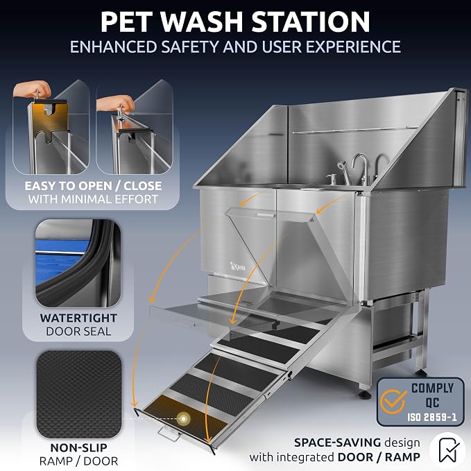 Professional Dog Washing Station 304 Stainless Steel Pet Wash Sink | Grooming Bathtub w/Shower, Floor Grates and Storage for Large, Medium & Small Pets