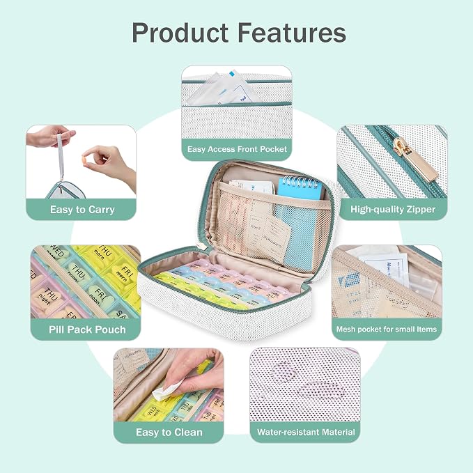 Lexeeco Travel Pill Case for Purse with Weekly Pill Organizer 2 Times a Day | Cute Am Pm Pill Box 7 Day ,Travel Medicine Organizer Pill Container Holder for Vitamins,Fish Oils,Medication,Medical Supplies