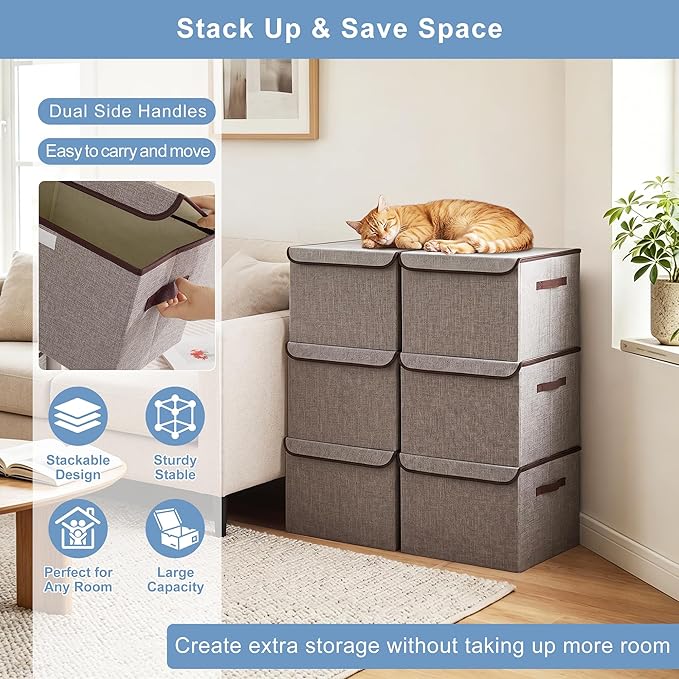 Large 22 Quart Linen Fabric Foldable Storage Bin Cube Organizer Basket with Flip-Top Lid & Handles, Clothes Blanket Box for Home, Office, Closet, Gray, 4 Pack 14.6 x 9.5 x 9.5”