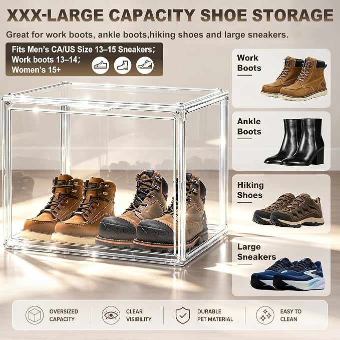 5 Pack XXX-Large Clear Acrylic Display Box, Wide Door, Boots & Handbags | 17.7 x 13 x 13 in oversized PET box for boots, bulky sneakers, handbags and larger closet items,display closet organization