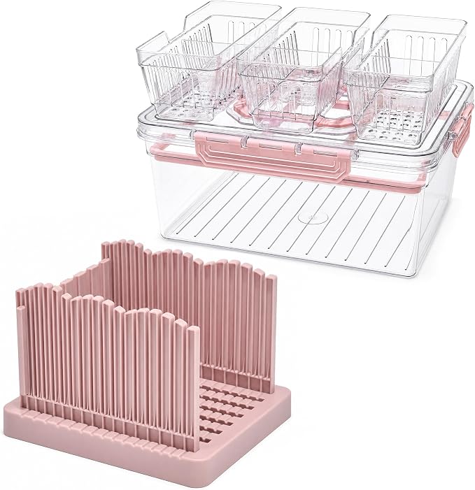 VECELO Bread Box with Slicer & Ice‑Chilled Condiment Caddy, Portable Airtight Bread Storage Container with Lid & Handle for Kitchen Counter, Pink