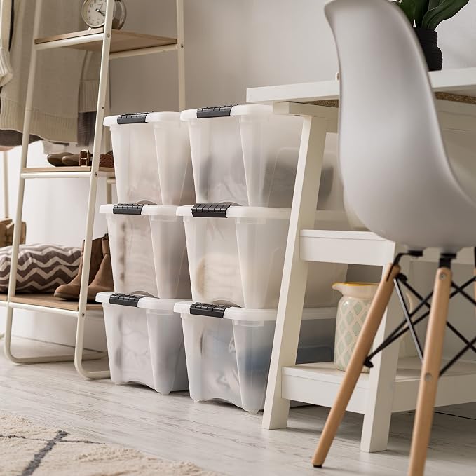 IRIS USA 6-Pack 19 Quart Storage Bins with Lids, Pearl | Conceals contents for a clean look. Great for linens, décor, closet storage, and supplies. Nestable design saves space
