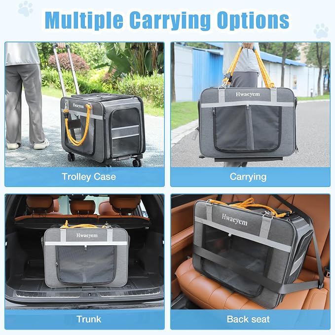 Extra Large Cat Carrier for 2 Cats with Wheels, Rolling Dual-Compartment Cat Car Travel Carrier, Portable Dog Cat Crate for Large Cat for Long Trips, Support up to 40 Lbs, 24" X 15" X 17"