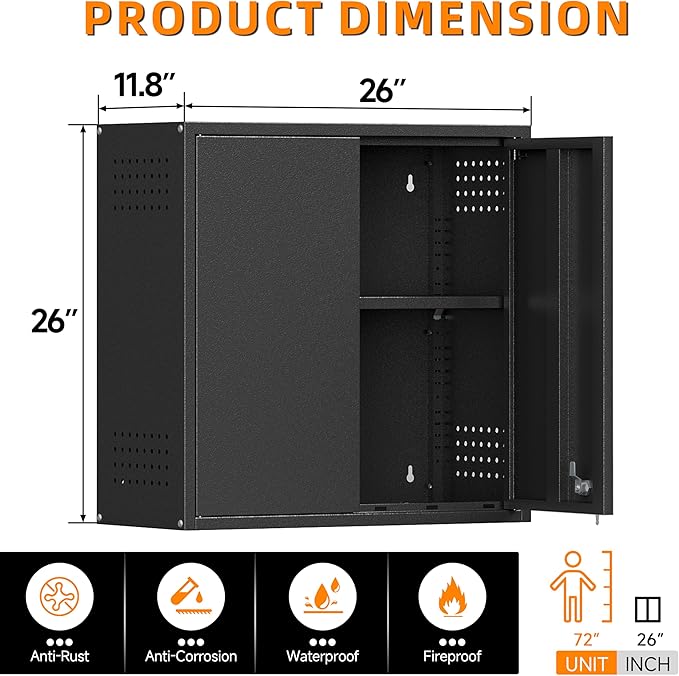 Garage Wall Cabinet with 2 Doors, Metal Wall Cabinet with Lock | 26''H Wall Mounted Cabinet, Lockable Floating Tool Cabinet, Steel Storage Cabinet for Kitchen,Office,Garage,Laundry,Warehouse