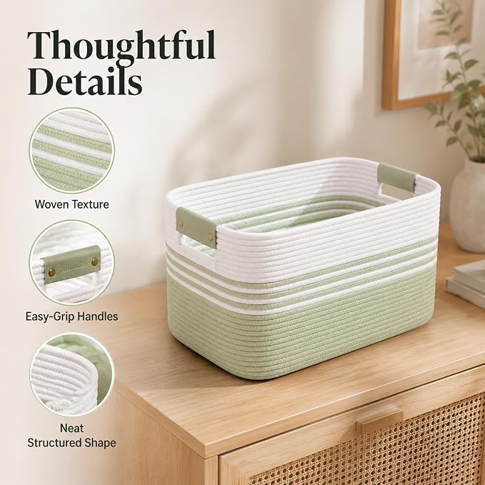 15.4GAL Woven Laundry Basket for Kids, Cute Boho Square storage basket for Living Room Decor, Baby Girls Boys Toys Stuffed Animal Decorative Short Hamper for Dirty Clothes, Bath Towel White Green